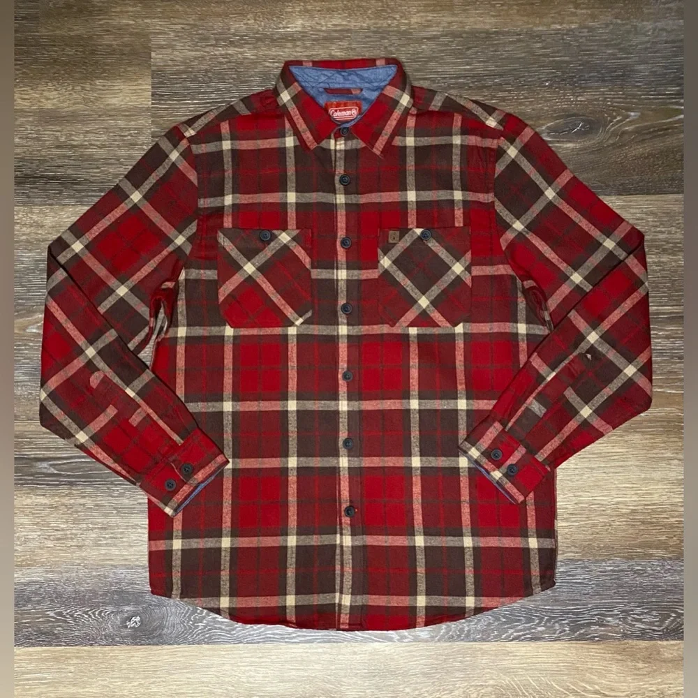 NWOT COLEMAN MENS LONG SLEEVE FLANNEL SHIRT SIZE MEDIUM IN RED/BROWN - Picture 1 of 6